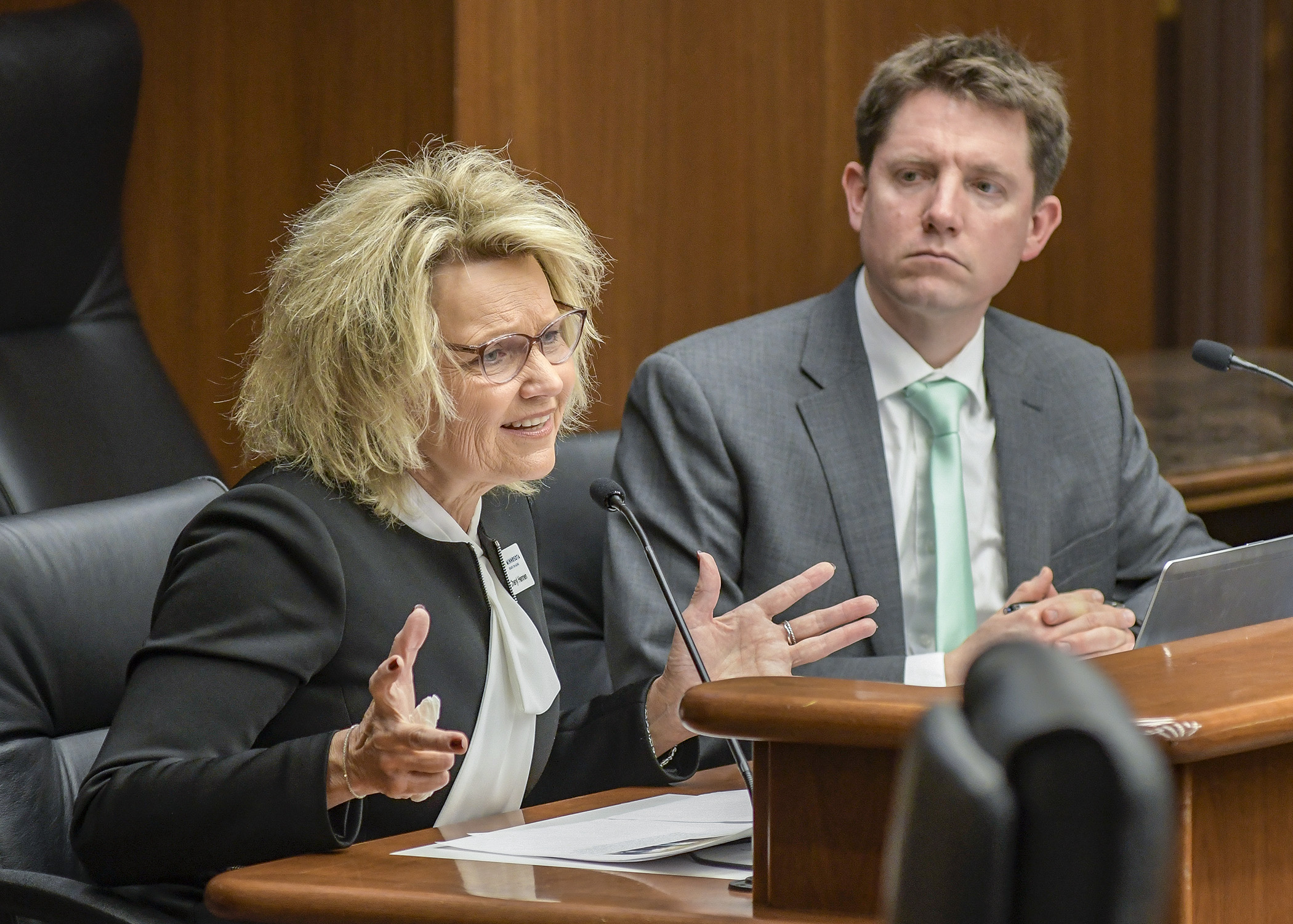 Cheryl Hennen, state ombudsman for long-term care, testifies before the House Long-Term Care Division March 4 in support of a bill sponsored by Rep. Todd Lippert, right, that would provide long-term care ombudsman office funding. Photo by Andrew VonBank